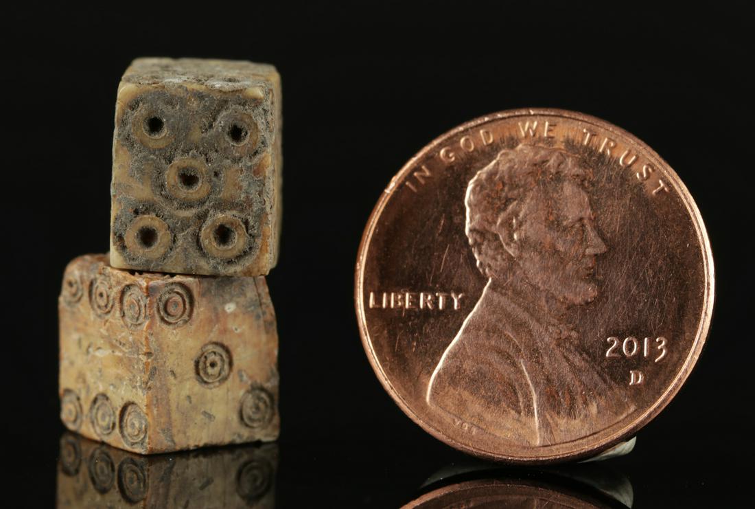 Pair of Roman Bone Dice - Playful and Fun!: **First Time At Auction** Roman Empire, Imperial Period, ca. 1st to 4th century CE. An excellent and functional set of six-sided dice, carved from ancient bovine bone of creamy white, dove grey, and r
