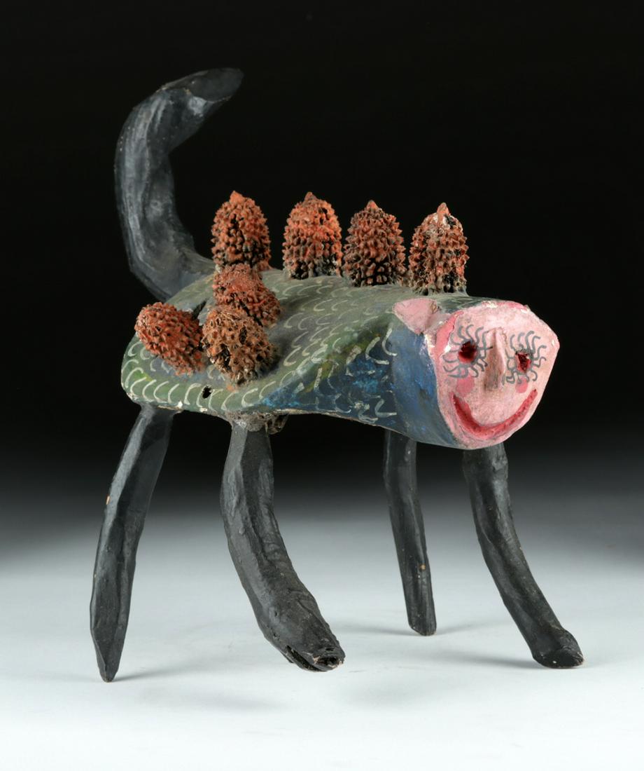 Mid-20th C. Guatemalan Wooden Festival Mask - Armadillo: **First Time At Auction** New World, Guatemala, ca. mid 20th century CE. A fantastical, striking festival mask in the form of an armadillo, with an abstract head forming the lower part of the mask; th