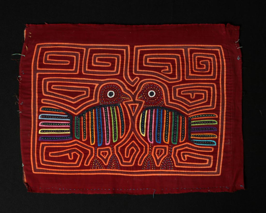 1950s Panamanian Textile Mola - Twin Birds: **First Time At Auction** Central America, Panama, San Blas Islands, Kuna / Cuna Indians, ca. 1950 CE. A fine, early example of this folk art form depicting a pair of polychrome birds standing abreast