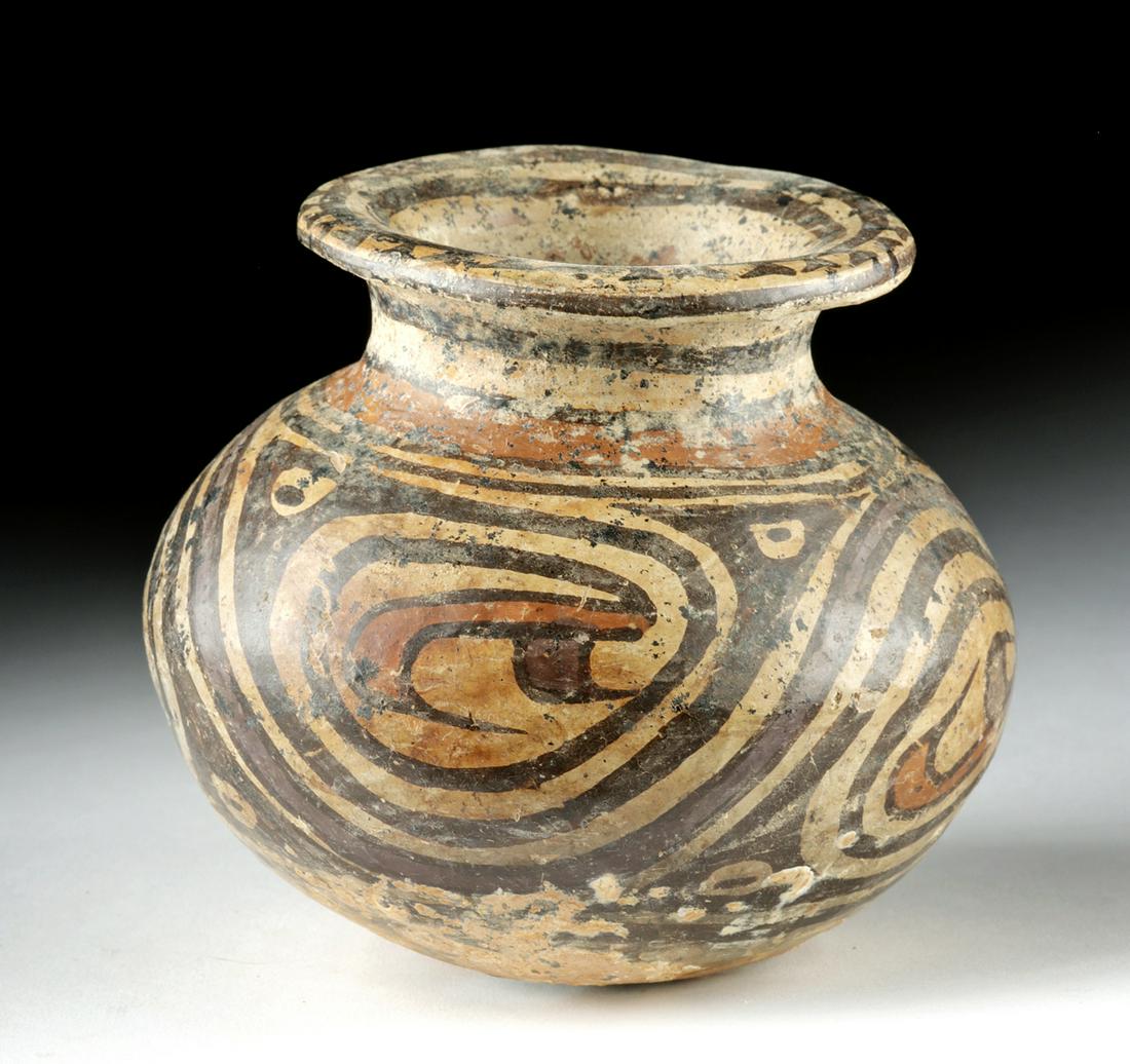 Cocle Polychrome Vessel - Nicely Decorated: **Originally Listed At $400** Pre-Columbian, Central Panama, ca. 600 to 800 CE. An attractive polychrome terracotta vessel with a near-spherical body, short tubular neck, and dramatically flared rim -
