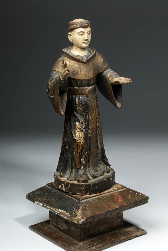 19th C. Central America Wood Santo - St. Anthony: **Originally Listed At $500** New World, Central America, probably Guatemala, Spanish Colonial style, ca. 19th to early 20th century CE. A striking, hand-carved wooden santo depicting St. Anthony of P