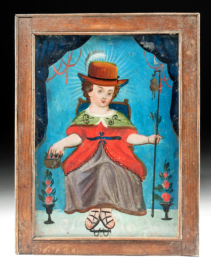 Framed 19th C. Mexican Retablo - El Nino de Atocha: Latin America, Mexico, Spanish Colonial, ca. 19th century CE. A finely painted retablo on heavy gauge tin depicting the Christ Child as El Nino de Atocha - set in a wooden frame. The tradition of the
