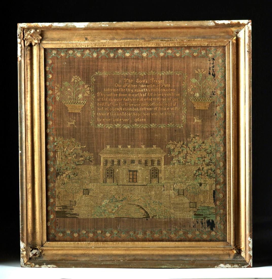 18th C. Colonial Stitched Sampler w/ Lord's Prayer: Europe (British) or Colonial America, ca. 18th century CE. An enchanting hand-stitched sampler featuring the Lord's Prayer at the upper center with a lovely home that exemplifies Georgian architecture