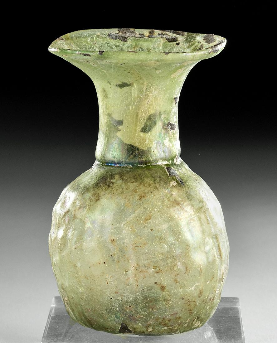 Roman Glass Sprinkler Flask w/ Honeycombed Body: 100% of the Hammer price of all lots sold in this auction will be donated to Community Food Share by Artemis Gallery. $1.00 = 3 meals! **Originally Listed At $200** Roman, Imperial Period, ca. 3rd