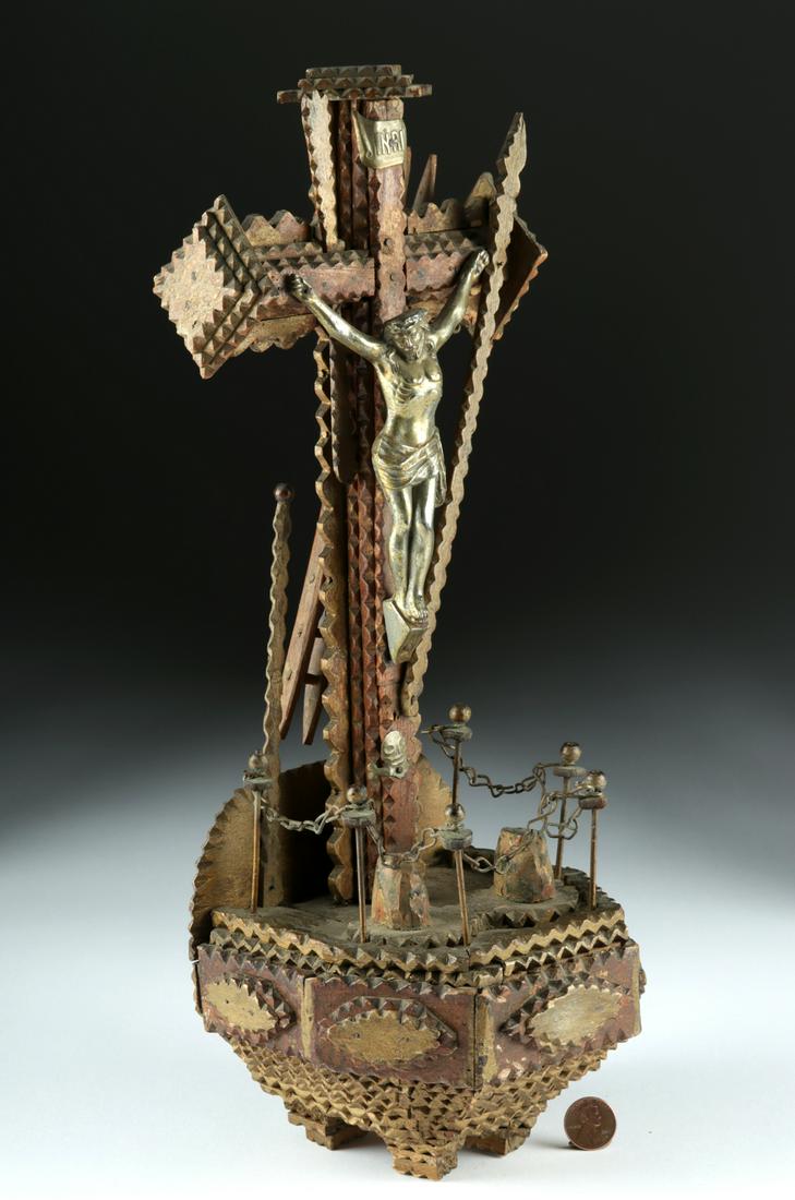 1930s French Tramp Art - Wood / Metal Cristo: 100% of the Hammer price of all lots sold in this auction will be donated to Community Food Share by Artemis Gallery. $1.00 = 3 meals! **Originally Listed At $500** Europe, France, ca. 1930s to 40s