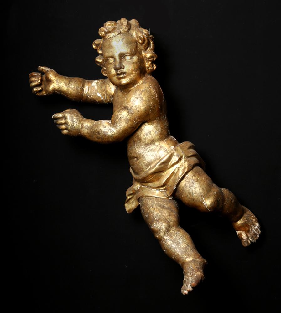 18th C. Italian Rococo Gilded Wood / Gesso Cherub: **Originally Listed At $2000** Europe, Italy, Rococo period, ca. late 18th century CE. A large wooden cherub (also known as a putto) covered with a thin layer of gesso and painted a brilliant, sparkli