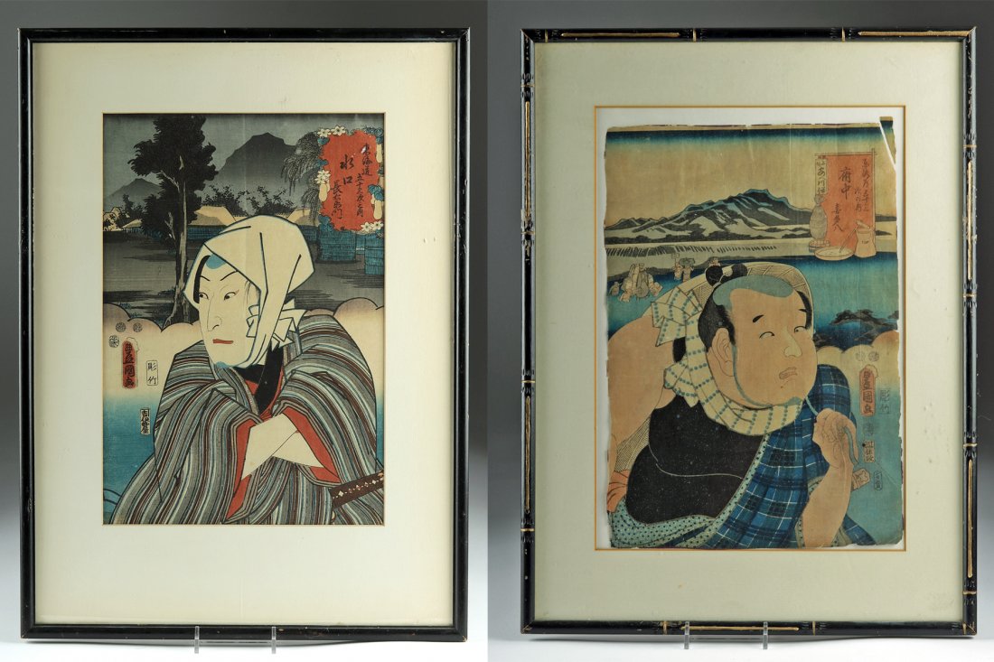 Lot of 2 Framed 19th C. Japanese Woodblocks: **Originally Listed At $150** East Asia, Japan, Meiji period, ca. late 19th to early 20th century CE. A wonderful pair of multi-colored woodblock prints. One presents a Samurai donning a striped robe