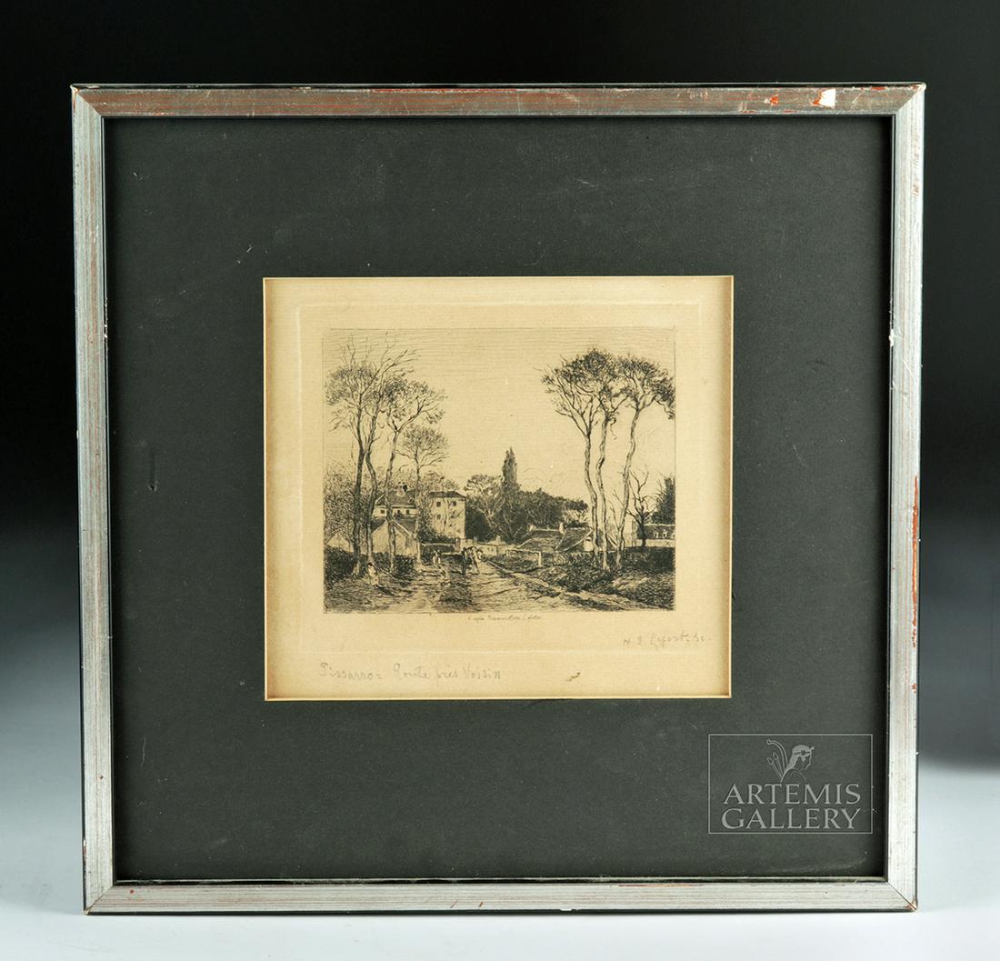 19th C. Pissarro Etching of French Landscape: **Originally Listed At $150** Camille Pissarro (French, 1830-1903), "Entrance to the Village of Voisins" (1872). Etching was created in Paris by Henri Lefort, ca. 1875. "Pissarro Rout pres Voisin" and