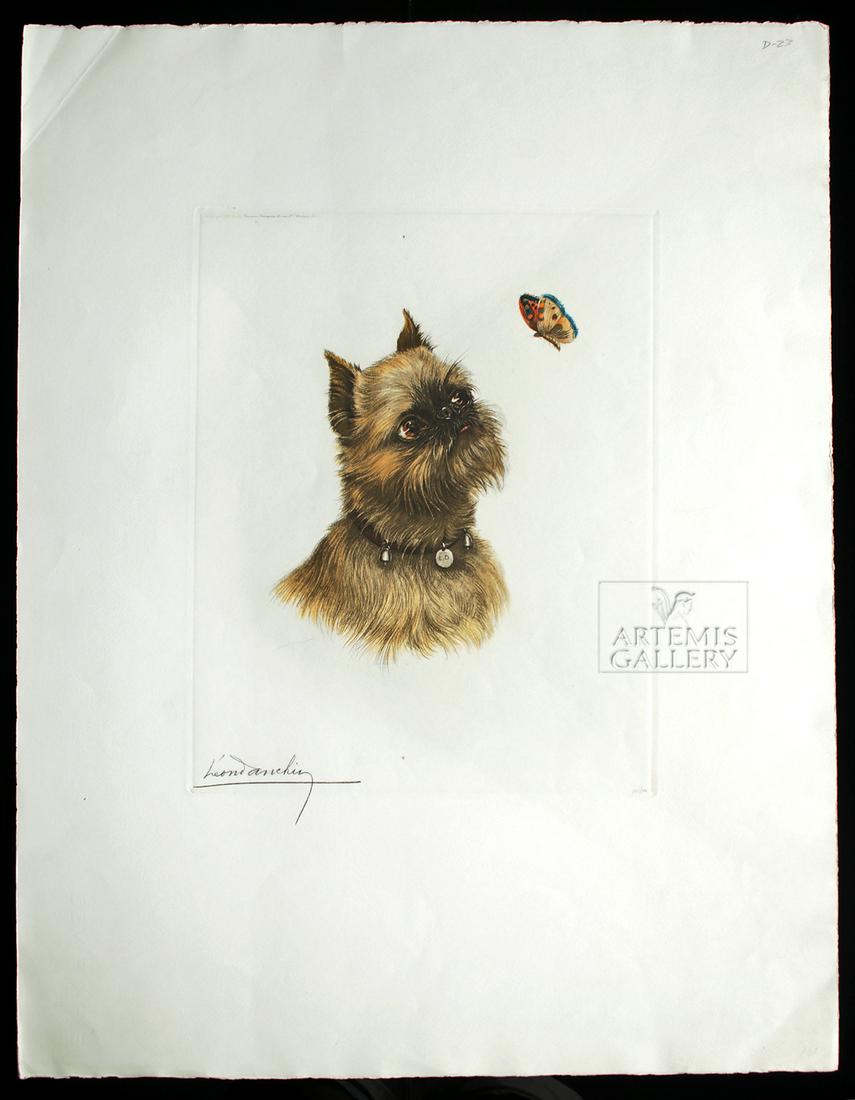 Signed Danchin Engraving - Dog w/ Butterfly - 1930s: **Originally Listed At $300** Leon Danchin (French, 1887-1939), "Brussels Griffon with Butterfly", ca. 1930s. Hand-signed in pencil on lower left. Edition 195/500 in pencil at lower right. "Copyright