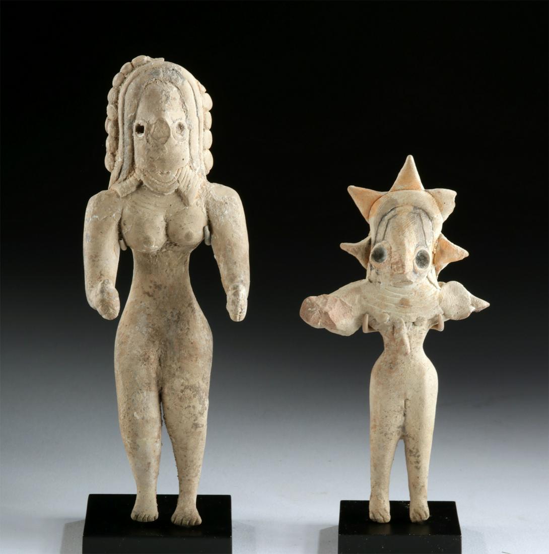 Indus Valley Pottery Female Venus Figures (pr): **Originally Listed At $800** Ancient Central Asia, Indus Valley, Mehrgarh (also Meghargh) people, ca. 3500 to 2800 BCE. A pair of hand-built pottery female "Venus" figures. Each figure has a slender 