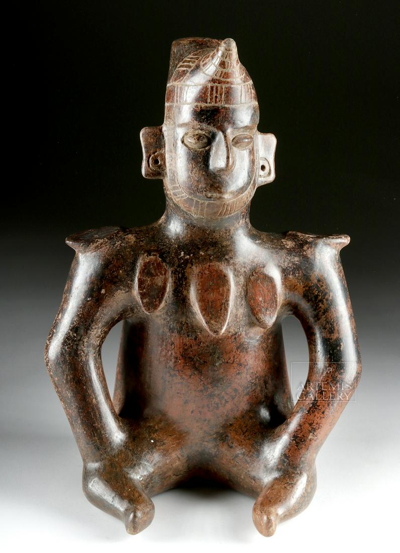 Gorgeous Colima Redware Seated Shaman Figure: **Originally Listed At $1400** Pre-Columbian, West Mexico, Colima, Protoclassic period, ca. 100 BCE to 250 CE. A beautiful and hand-built redware pottery statue representing a seated shaman, his postu