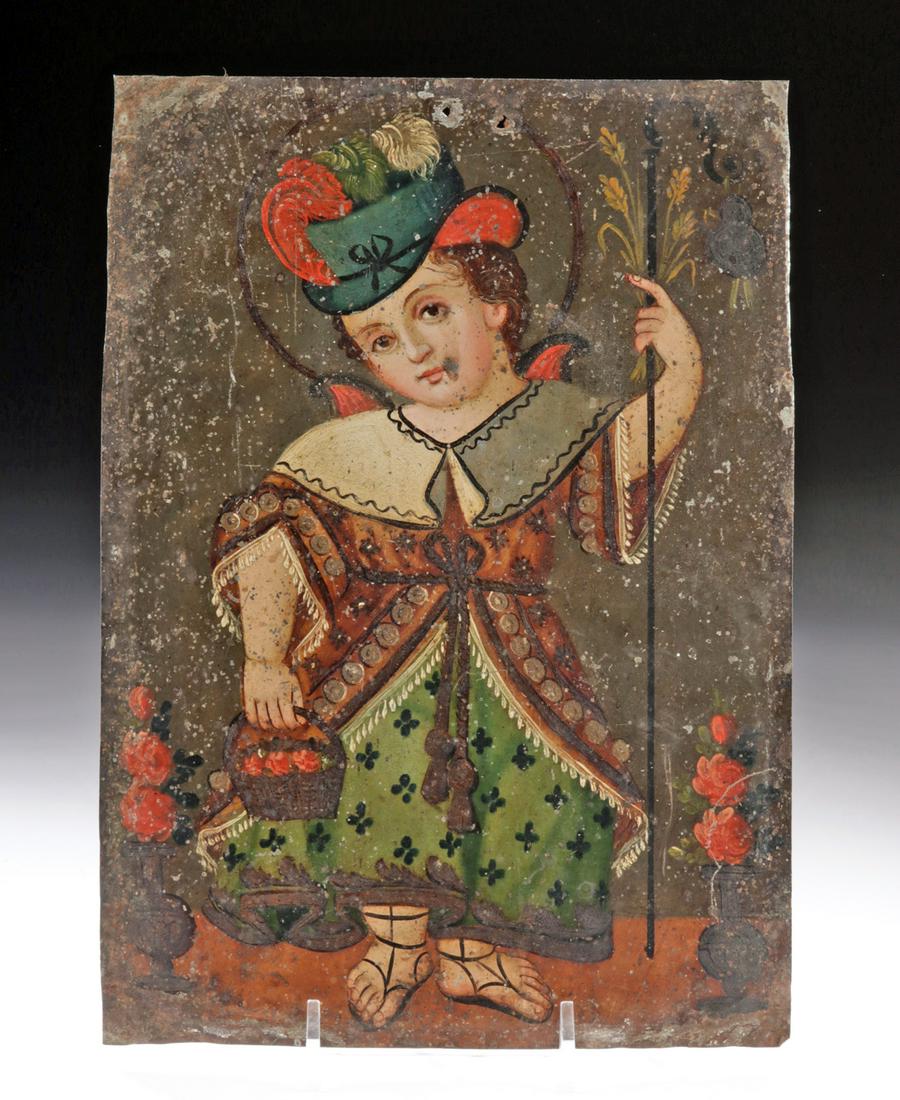 19th C. Mexican Tin Retablo - El Nino de Atocha: **First Time At Auction** Latin America, Mexico, ca. 19th century CE. An antique retablo painted on heavy gauge tin and depicting El Nino de Atocha. The tradition of the child may be traced back to a
