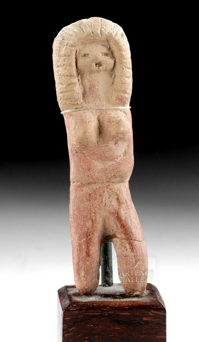 Ecuadoran Valdivian Terracotta Venus Figure: **Originally Listed At $350** Pre-Columbian, Ecuador, Valdivian culture, ca. 3500 to 1500 BCE. A hand-built pottery Venus figure presented with delineated legs, sinuous arms fused atop the abdomen, an