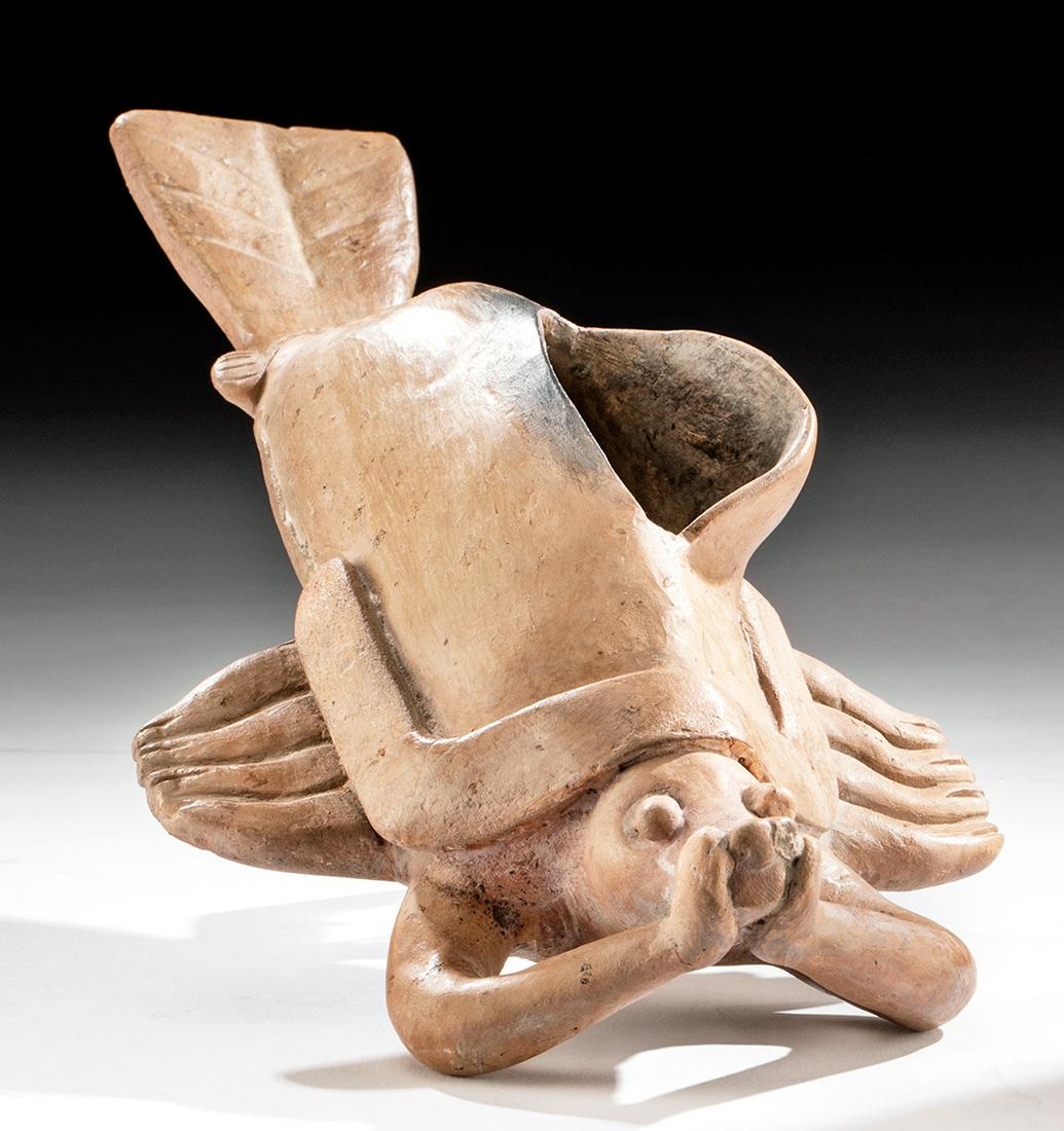Rare Maya Pottery Shrimp / Lobster Vessel: Pre-Columbian, southern Mexico and Guatemala, Maya Late Classic Period, ca. 550 to 900 CE. A rare, burnished terracotta vessel in the form of a crustacean, either a shrimp or langostino ("small lobste