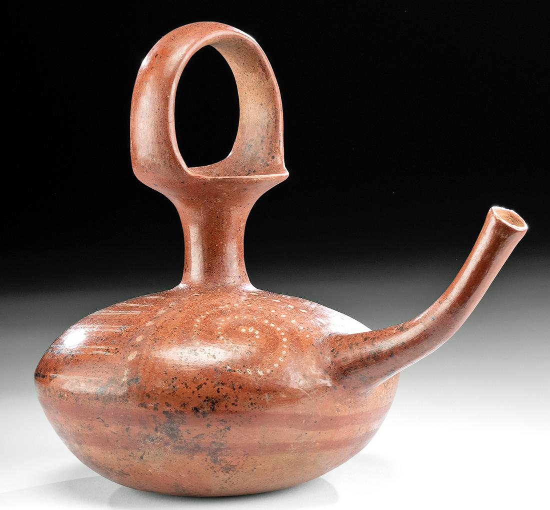 Michoacan Tarascan Tzin Tzan Tzun Redware Vessel: Pre-Columbian, West Mexico, Michoacan area, Tarascan culture, ca. 1350 to 1521 CE. A hand-built redware pottery vessel known as a Tzin Tzan Tzun with a slightly concave base, a compressed circular bod