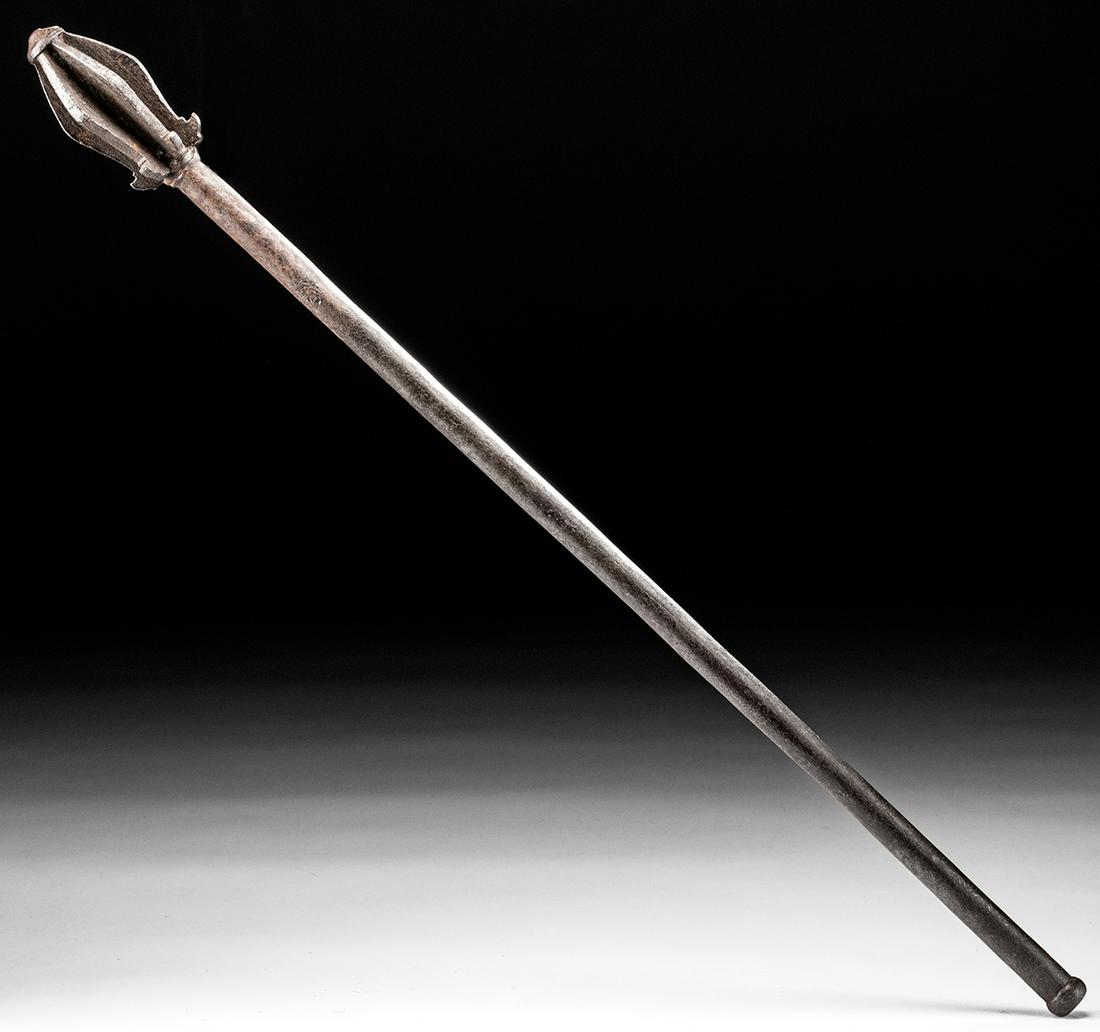 Late 18th C. Indo Persian Iron Cavalry Star Mace: Central Asia, India and Pakistan, Indo-Persian culture, ca. late 18th to early 19th century CE. An impressive forged-iron mace of a relatively lightweight design employed by cavalry soldiers. The mace