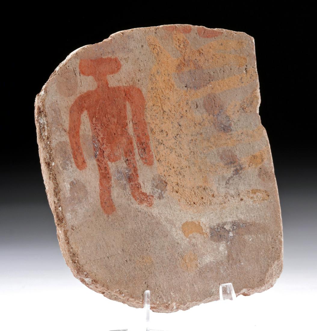 Rare Inca Chucu Terracotta Plaque - Person & Alpaca: Pre-Columbian, southern Peru, Inca hinterlands (Chucu), ca. 1000 to 1500 CE. A very rare, beautiful ceramic plaque, square in form, featuring two motifs: an alpaca (or some other quadruped) and a stan