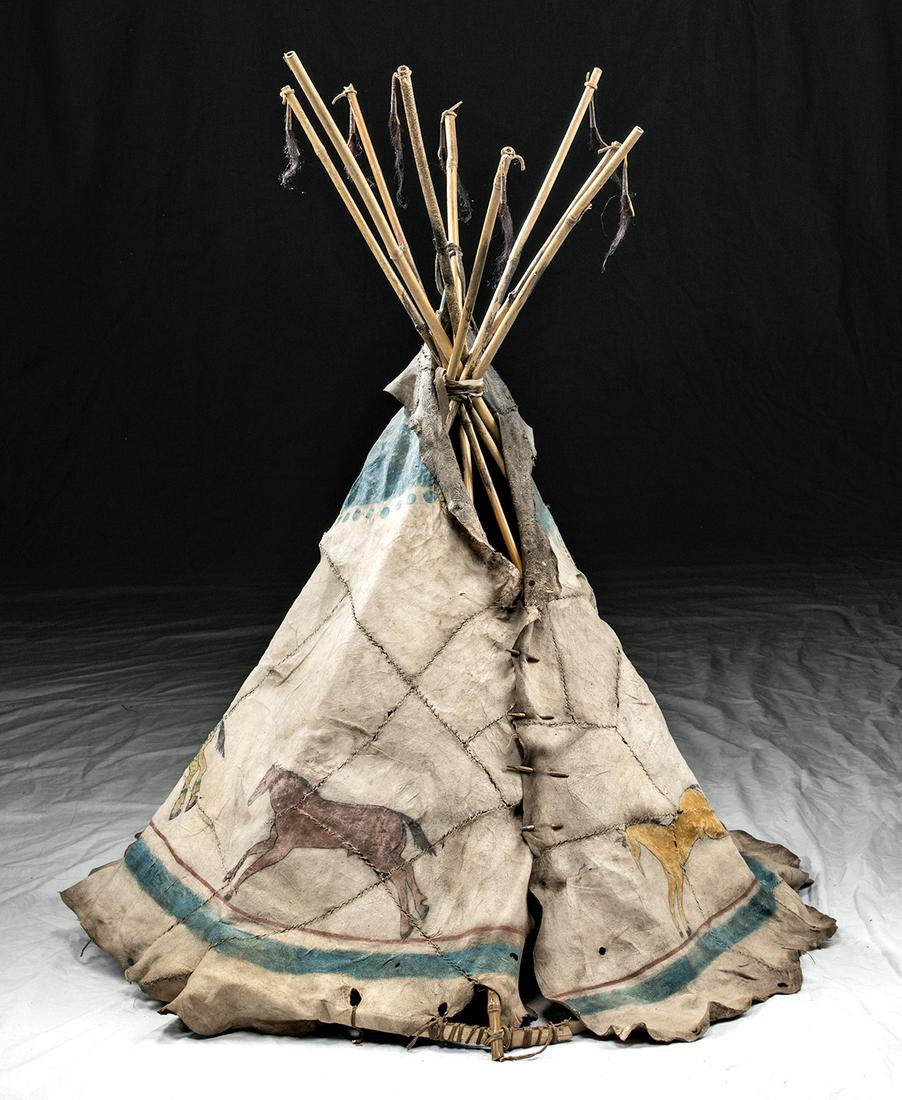 Miniature Plains Hide Tipi w/ Painted Horses, ca. 1890: Native American, Plains, possibly Kiowa or Blackfoot, ca. 1890 CE. A miniature tipi (also tepee and teepee) comprised of stitched antelope and deer hide panels wrapped around long wooden poles decorat