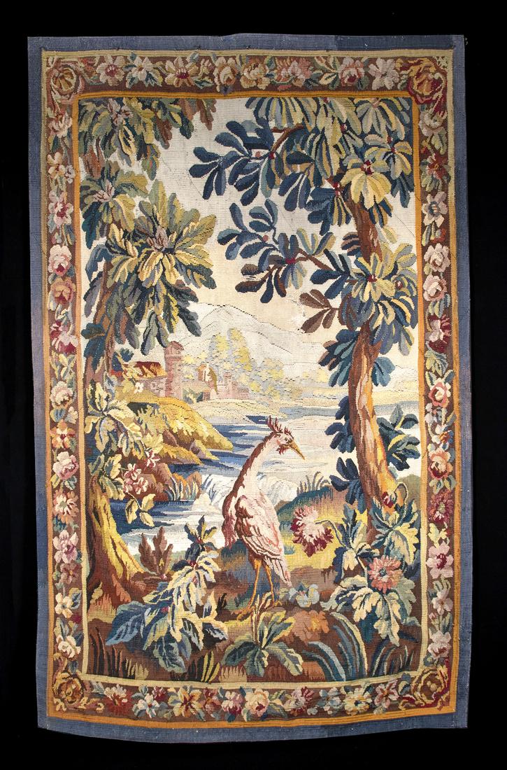 18th C. French Aubusson Verdure Tapestry Bird in Woods: Europe, France, Aubusson, ca. 1750 CE. A French antique, handwoven classic verdure (greenery) tapestry created in the weaving town of Aubusson, and likely commissioned by the aristocracy. The composit