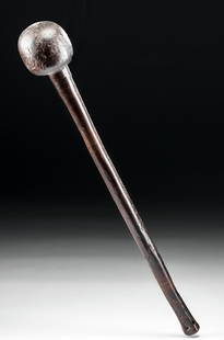 Late 19th C. African Zulu Wooden Knobkerrie War Club: Africa, South Africa, Zulu tribe, ca. late 19th to early 20th century CE. A hand-carved wooden war club known as a knobkerrie (also knopkierie) with a drilled suspension or thread hole through the