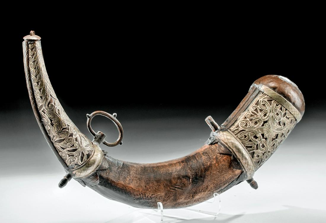 19th c. Persian Powder Horn w/ Embossed Nickel Silver (1 of 4)