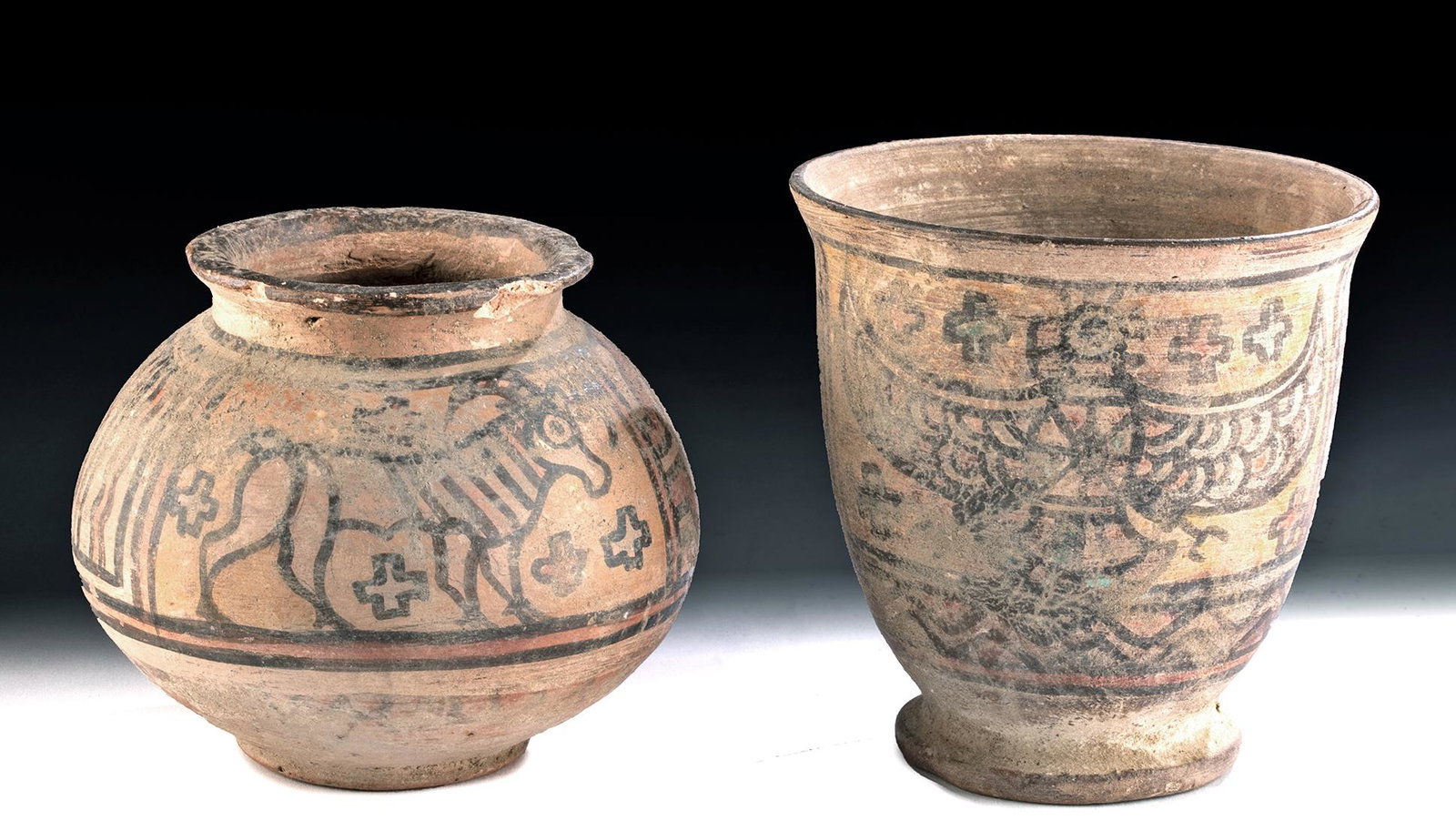 Lot of 2 Indus Valley Polychrome Vessels w/ Animals: Ancient Central Asia, Indus Valley, Harappan / Mohenjo-Daro civilization, ca. 2700 to 2000 BCE. A fine set of two wheel-thrown pottery vessels with orange-hued grounds and wondrous zoomorphic creature