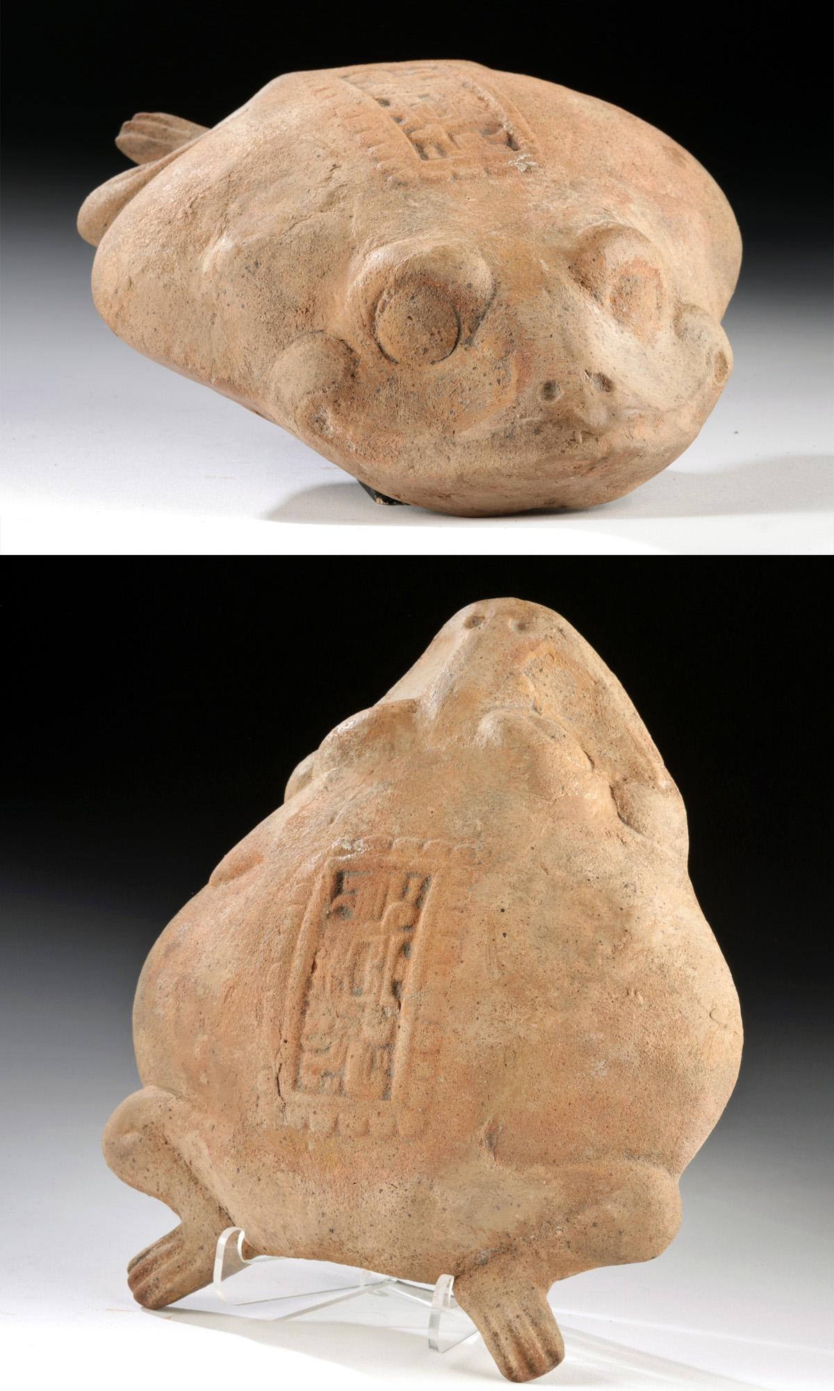 Veracruz Pottery Container - Frog w/ Glyph Panel: Pre-Columbian, Gulf Coast Mexico, Veracruz (Vera Cruz), ca. 3rd to 7th century CE. A beautiful container used for holding petite items or perhaps cosmetic material, mold-formed from orange-red pottery