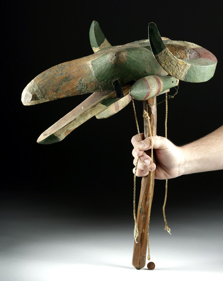 20th C. Mali Bozo Painted Wood Mask - Bush Animal: West Africa, Mali, Bozo peoples, ca. mid-20th century CE. A hand-carved wooden mask representing the spirit of a bush animal, either a gazelle or a goat indicated by the huge pair of curling horns. Th