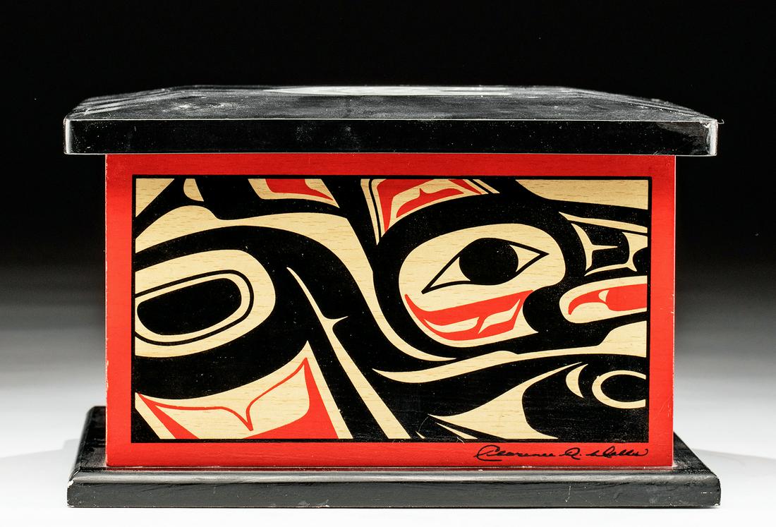 Haida Wood Box Signed Clarence A. Wells, ca. 1980s: Northwest Coast, Clarence A. Wells (Tsimpshien, b. 1950). Signed on both the lid and the vessel, a finely carved and painted Haida wood box by award winning Northwest Coast First Nations artist Claren