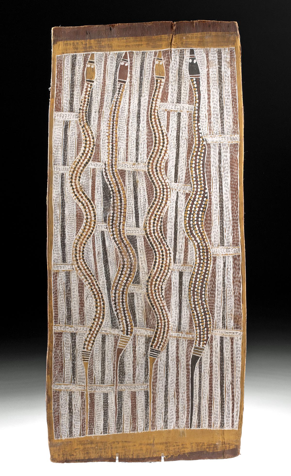 20th C. Aboriginal Bark Painting M. Gurruwiwi, Snakes: Australia, Aboriginal, Northeast Arnhem Land, painted by Mithinari Gurruwiwi (Galpu clan, Dhuwa moiety, 1929 to 1976). Painted using natural earth pigments on a large strip of eucalyptus bark, this be