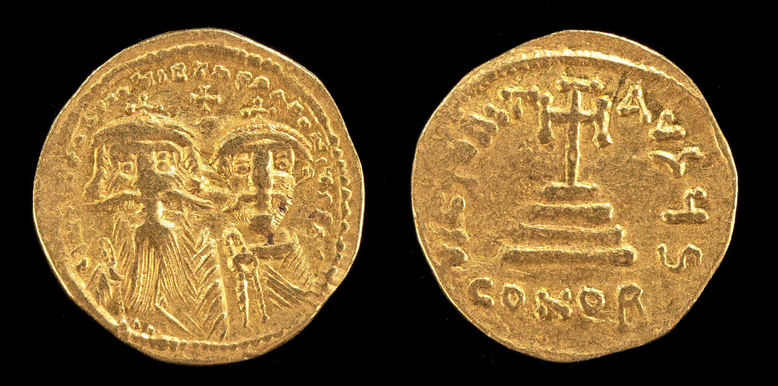 Byzantine Constans II w/ Constantine IV Gold Solidus 5g: Near East/Holy Land, Byzantine Empire, Constans II, with Constantine IV, 641 to 668 CE. Constantinople. Struck 654 to 659 CE. Gold solidus. Obverse: Crowned and draped bust of Constans facing, with lo
