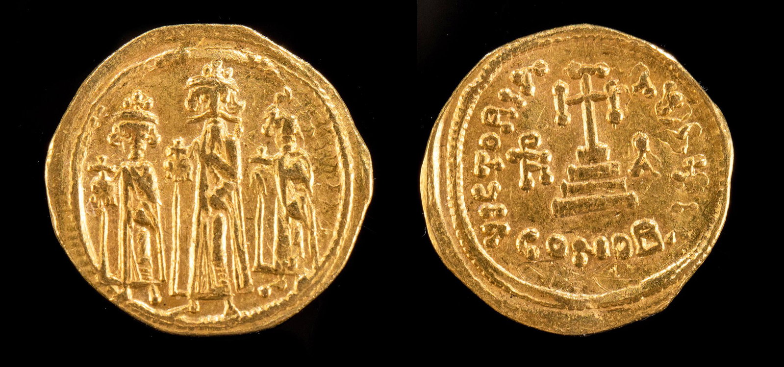 Byzantine Heraclius Constantine w/ Heraclonas Gold Coin: Near East/Holy Land, Byzantine Empire, Heraclius Constantine with Heraclonas, Struck in Constantinople, ca. 610 to 641 CE. Gold solidus. Obverse: Figures of Heraclius, Heraclius Constantine and Heracl