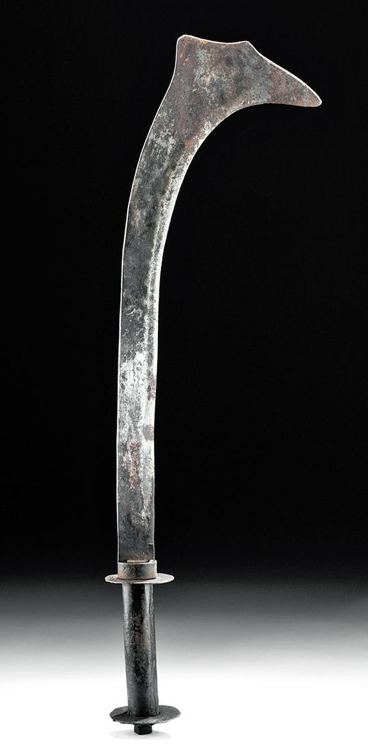 Early 19th C. Nepalese / Indian Steel Sword - Kora: Central Asia, Nepal or northern India, ca. first half of the 19th century CE. A fine example of a forged-steel sword known as a kora with a dramatically curved blade bearing a sharpened edge on the in