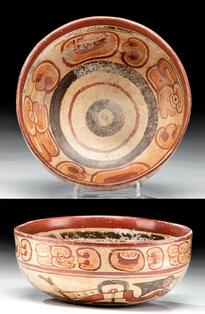 Fine Maya Copador Polychrome Bowl w/ Swimmers: Pre-Columbian, Maya Territories, Honduras / El Salvador, Copador, Late Classic Period, ca. 550 to 900 CE. A wonderful handbuilt terracotta bowl of a rounded form with a corseted shoulder, painted on b