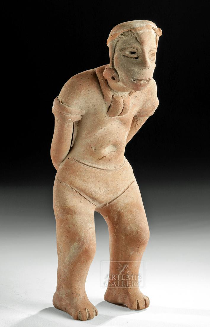 Colima Autlan Redware Figure - Hunched Male Prisoner: **Originally Listed At $500** Pre-Columbian, West Mexico, Colima, Autlan variety, Protoclassic Period, ca. 100 BCE to 250 CE. A hand-built redware pottery male figure of a sizable form standing atop d