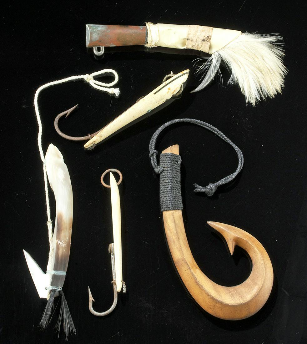 20th C. Alaskan / Hawaiian Fish Hooks & Lures (5): **First Time At Auction** Five varied and beautiful 20th century CE fish hooks and lures from indigenous communities in Alaska and Hawaii. At the top of the first photo, (1) Alaskan native, ca. 1920s 