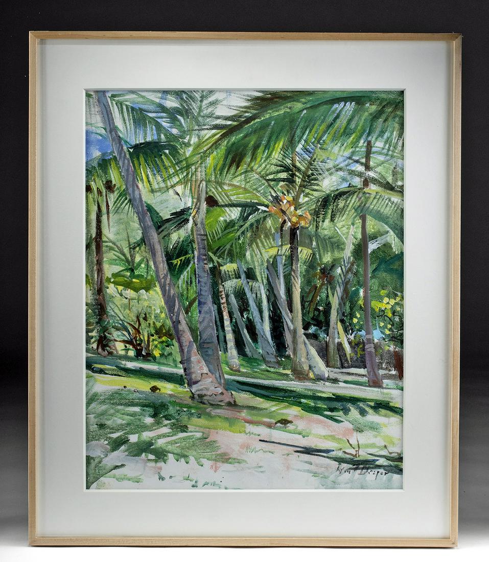 Framed William Draper Painting - "Coco Palms" (1960s): **First Time At Auction** William Franklin Draper (American, 1912-2003). "Coco Palms" oil on canvas, ca. 1960s. Signed "Wm. F. Draper" on lower right. Painted in an expressive style, a grove of palm t