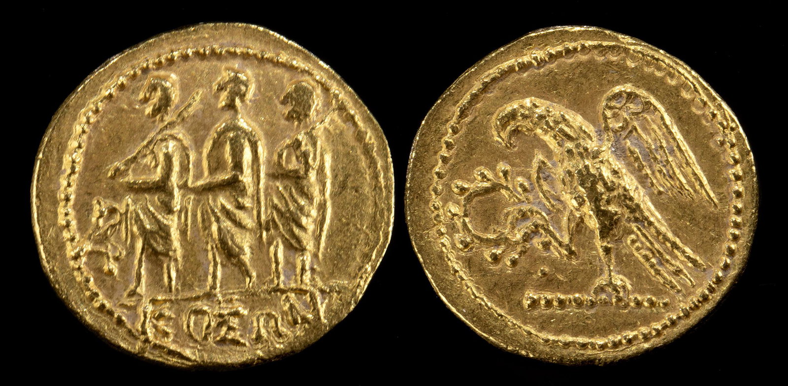 Skythia Geto-Dacians Koson Gold Stater - 8.5 g: **First Time At Auction** Eastern Europe, Skythia (also Scythian), Geto-Dacians. Koson, ca. mid 1st century BCE. Gold stater. Obv: Koson Roman Consul, togate, l. between two Lictors, carrying axe over