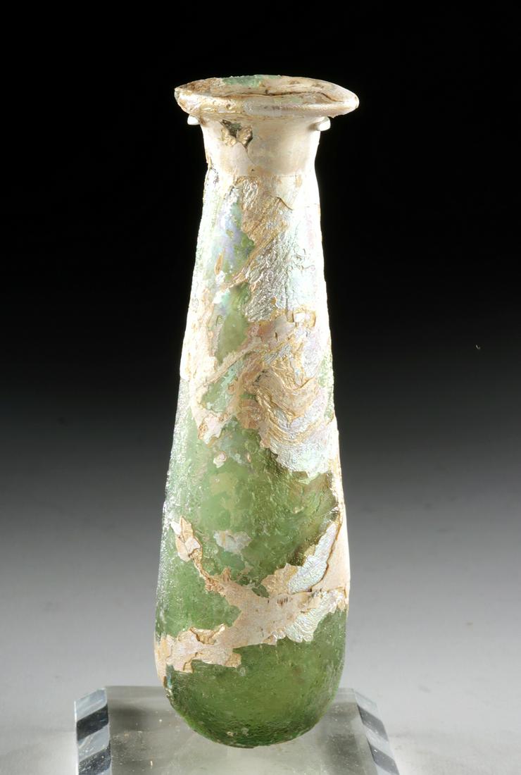 Roman Glass Unguentarium w/ Creamy White iridescence: **Originally Listed At $300** Roman, Imperial Period, ca. 1st to 3rd century CE. A beautifully preserved glass unguentarium, a vessel used to contain expensive oils and/or perfumes that could easily e