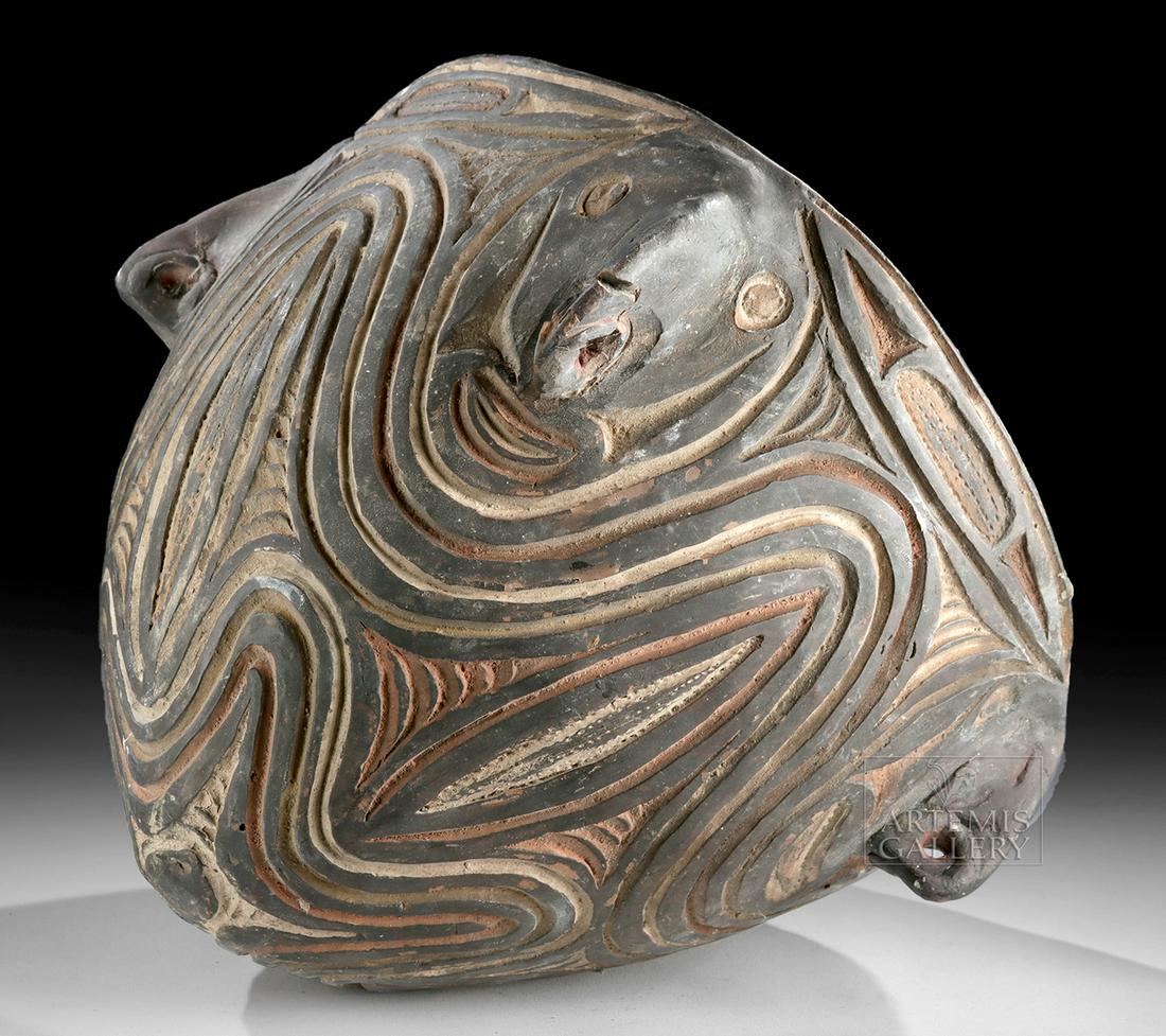 Early 20th C. PNG Sepik Rived Incised Pottery Vessel: **Originally Listed At $300** Oceania, Papua New Guinea, Middle Sepik River region, Washkuk Hills, Kwoma people, ca. early to mid 20th century CE. An interesting earthenware vessel with a quartet of s