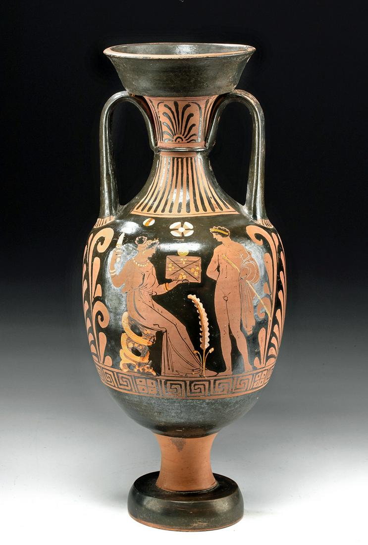 Stunning Greek Apulian Amphora w/ TL Report: Magna Graecia, Southern Italy, Apulia, ca. 350 to 300 BCE. A very large Apulian amphora, its generous surface area extensively painted via the red-figure technique with added fugitive yellow/white pig