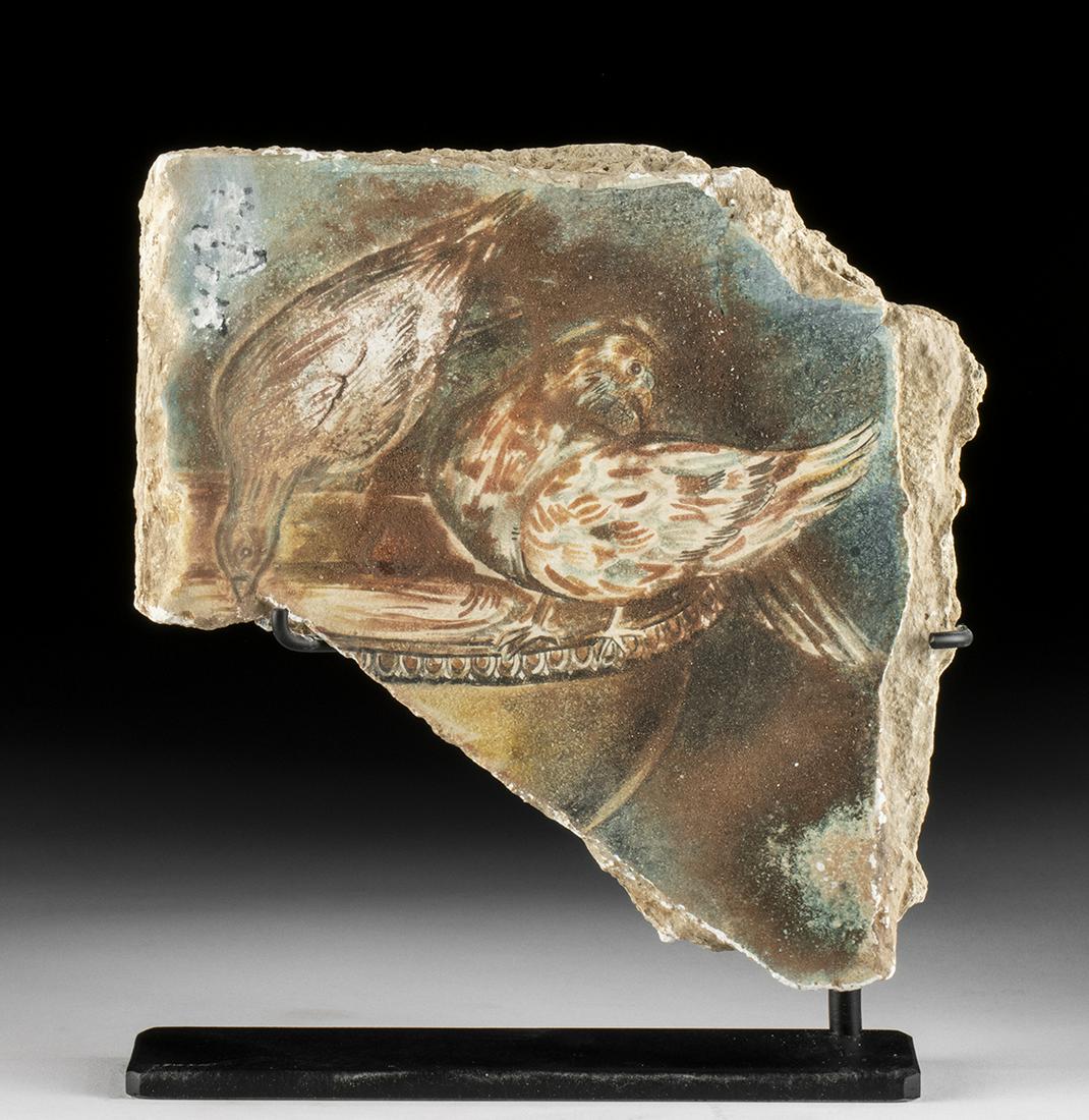 Rare Roman Fresco Fragment Birds at Bird Bath: Roman, Imperial Period, ca. 1st century CE. A special fresco fragment depicting two birds perched upon the egg and dart decorated rim of a bird bath or fountain. Note how the bird on the left is bowin