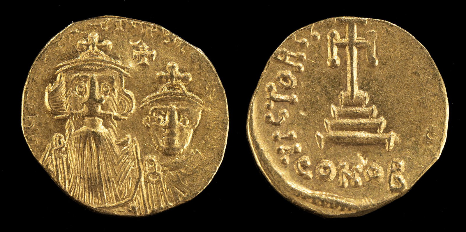 Byzantine Constans II w/ Constantine IV Gold Solidus: Near East/Holy Land, Byzantine Empire, Constans II, with Constantine IV, solidus, Constantinople, 654 to 659 CE. Gold solidus. Obverse: Crowned and draped busts of Constans and Constantine facing, cro