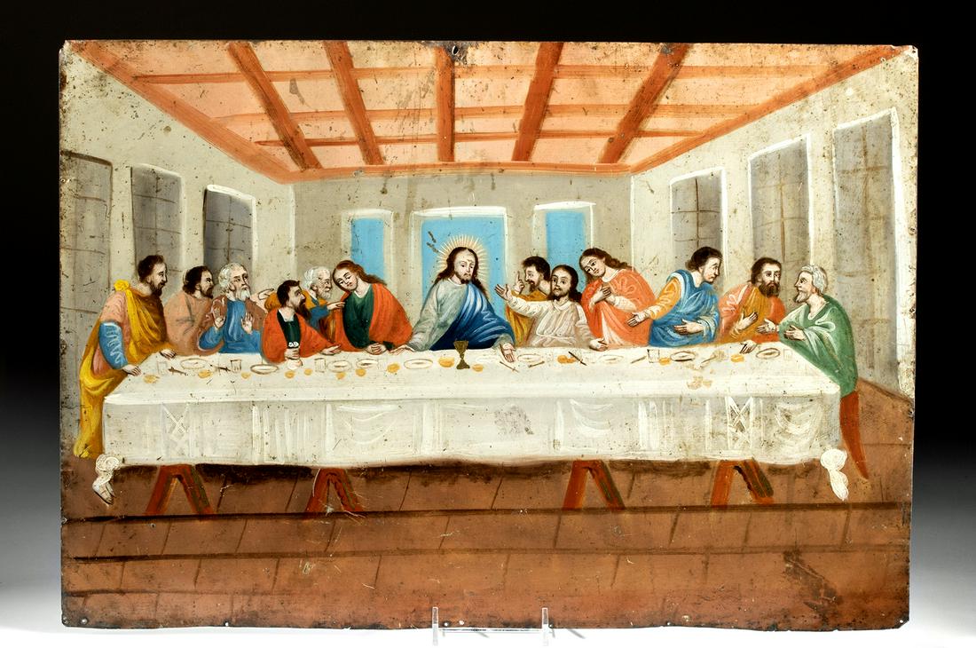Rare 19th C. Mexican Retablo of the Last Supper: Latin America, Mexico, San Miguel de Allende, ca. 1880s. A very special retablo - unusual for its large size as well as its subject matter - one rarely finds The Last Supper depicted on retablos let a