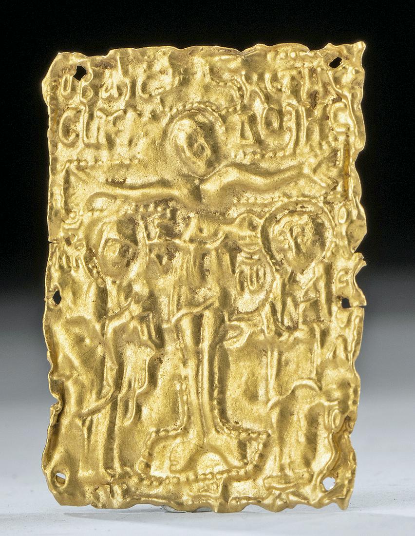 Miniature 23K+ Byzantine Gold Icon - Crucifixion: Byzantium, ca. 11th to 13th century CE. A miniature 23K+ gold repousse icon presenting a Crucifixion scene of an emaciated Christ on the Cross, His head fallen to one shoulder and wearing a Crown of T