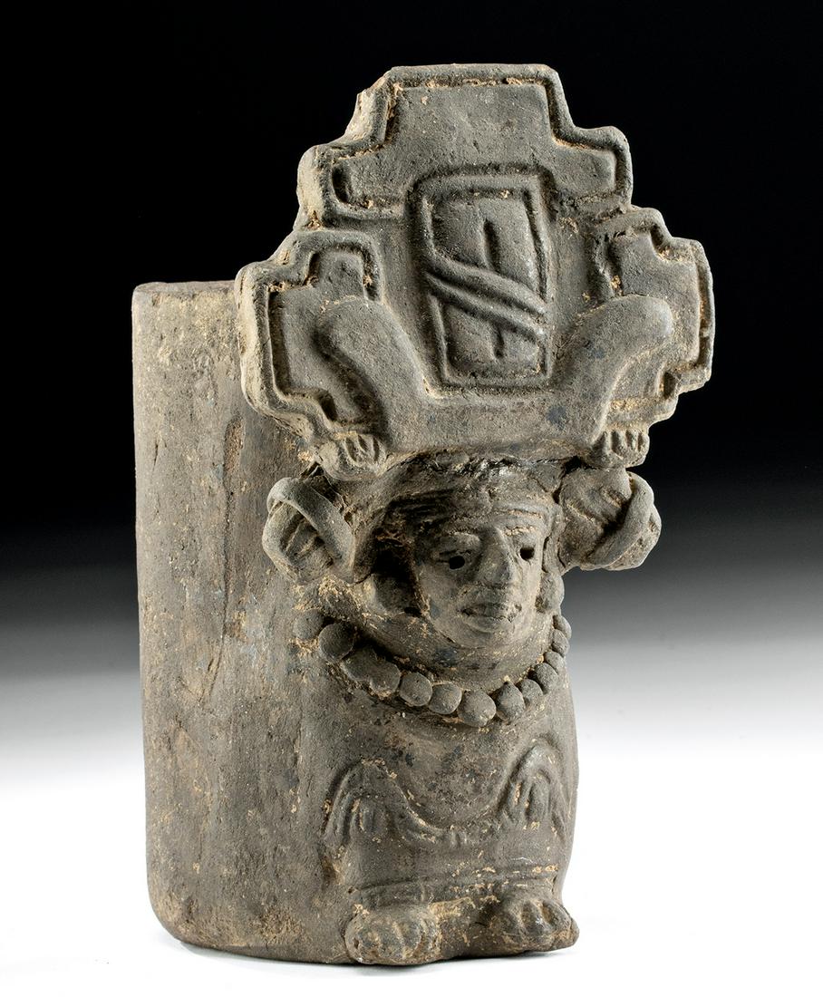 Zapotec Monte Alban IV Pottery Incensario: Pre-Columbian, Mexico, Oaxaca, Zapotec culture, Monte Alban IV, ca. 600 to 800 CE. A charming ceramic figural incensario featuring a figure unlike many others. Instead of appearing as a serene, seated