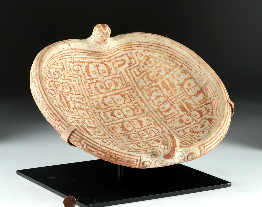 Marajoara Dish - Maze of Owls, Bat Guardians: Pre-Columbian, Lower Amazon Basin, Marajo Island, Brazil, ca. 800 to 1400 CE. A lovely hand-built ceramic dish decorated in a bichrome red-on-cream iconographic/decorative program - featuring a mesmer
