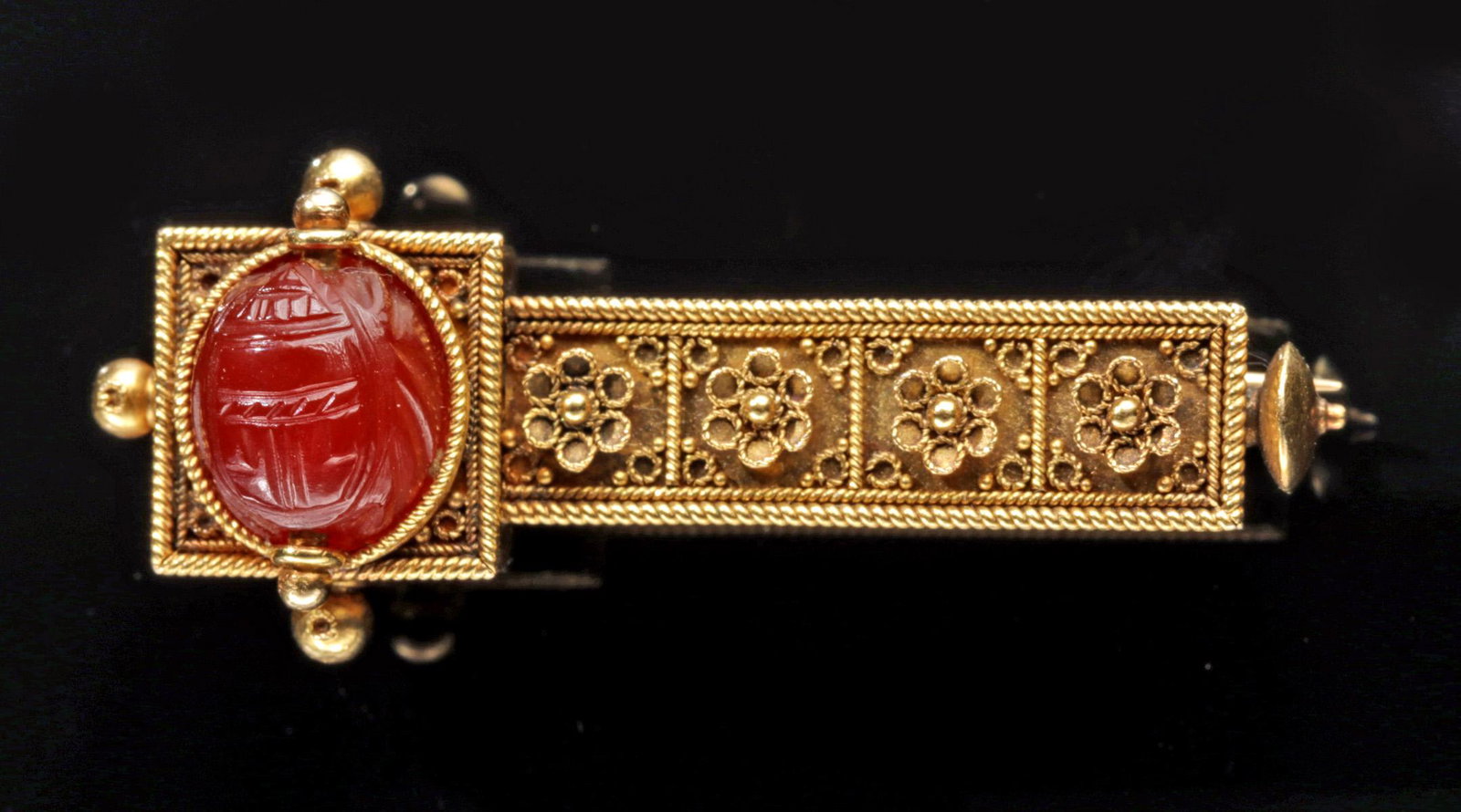22K+ Gold Pin w/ Etruscan Carnelian Scarab: For every order (single or multiple lots) in this auction, Artemis Gallery will donate 25 meals to Community Food Share, a Feeding America Food Bank. Classical World, central Italy, Etruria, ca. 4th t