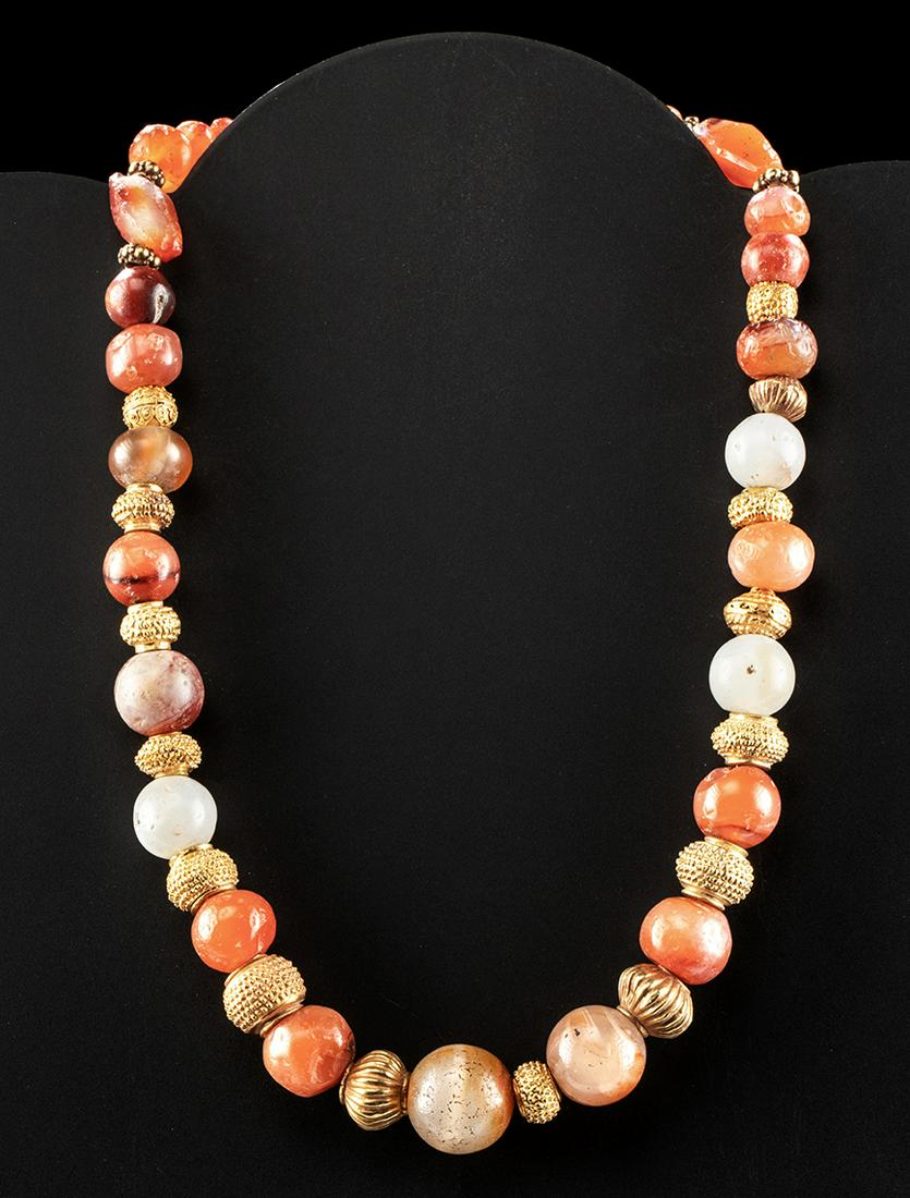 Necklace w/ Bactrian Gold, Carnelian, & Agate Beads: For every order (single or multiple lots) in this auction, Artemis Gallery will donate 25 meals to Community Food Share, a Feeding America Food Bank. Central Asia, Bactrian (BMAC) culture, ca. 1st mil