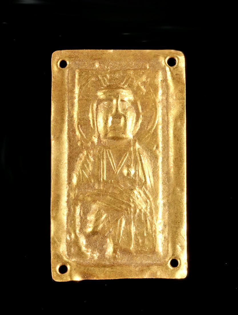 Roman 24K Gold Sheet Applique of a Goddess - 1.1 g: **Originally Listed At $500** Roman, Imperial Period, ca. 1st to 3rd century CE. A delicate, beautiful, sheet gold applique (99% or equivalent of 24K), featuring the relief face and upper body of a go